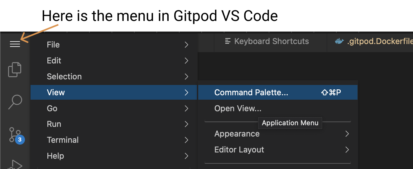 Here is the menu in Gitpod VS Code